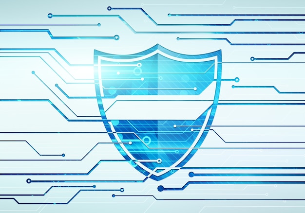 Ilustración del concepto digital abstracto de seguridad y protección de datos de Internet con escudo en la pared del microchip del circuito.