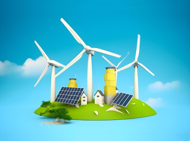 Ilustración del concepto de energía renovable de paneles solares y turbinas eólicas IA generativa