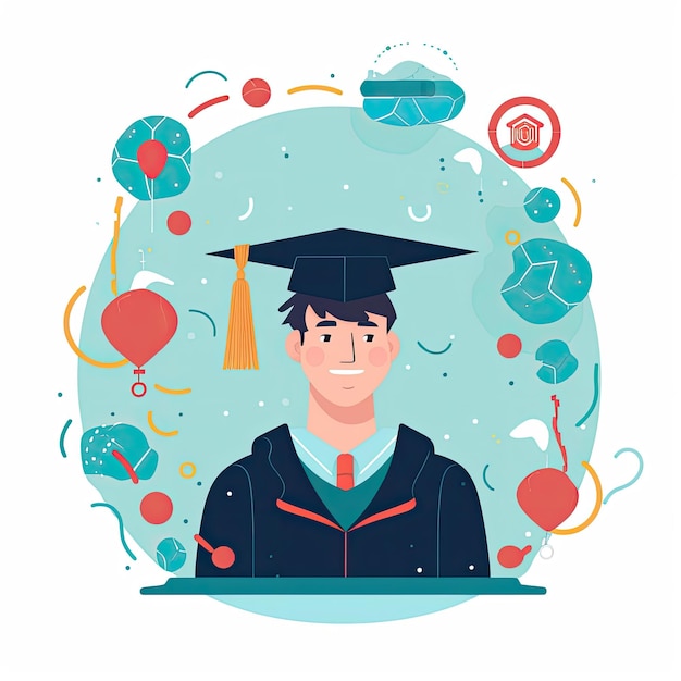 Foto ilustración del concepto de graduación, arte vectorial plano, icono plano generado por ia