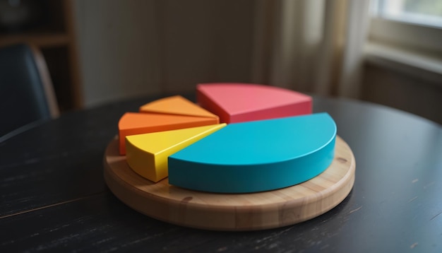 Ilustración del concepto de gráfico de pastel geométrico colorido en una mesa de madera para el análisis de datos