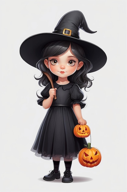 Ilustración del concepto de Halloween de la pequeña bruja con vestido negro sobre fondo blanco