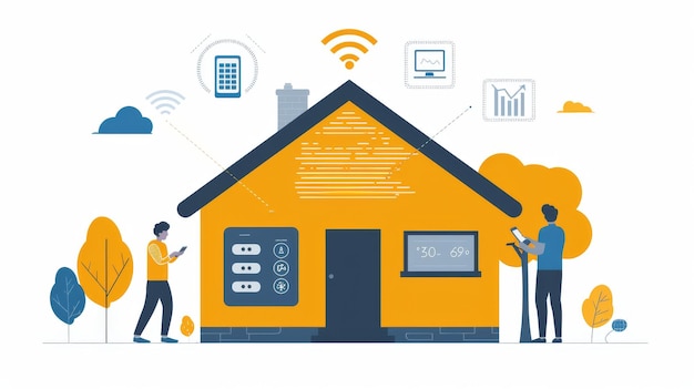 Ilustración del concepto de hogar inteligente con iconos de conectividad y control