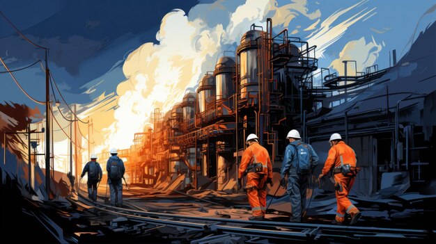Ilustración del concepto de la industria del petróleo y el gas Trabajadores industriales que trabajan en la planta IA generativa