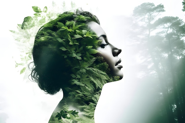 Ilustración del concepto de sentir la naturaleza con una figura femenina llena de hojas y árboles