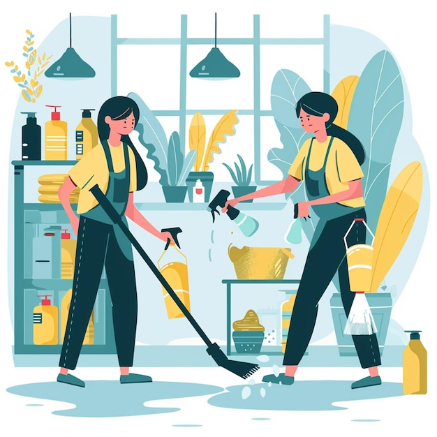Ilustración del concepto de servicio de limpieza El equipo de limpiezo con equipos profesionales está listo para el trabajo