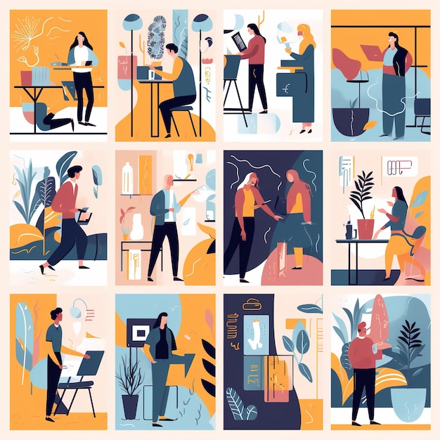 Ilustración de conceptos empresariales Colección de escenas con hombres y mujeres que participan en actividades empresariales Investigación de estrategias empresariales Iconizaciones empresariales
