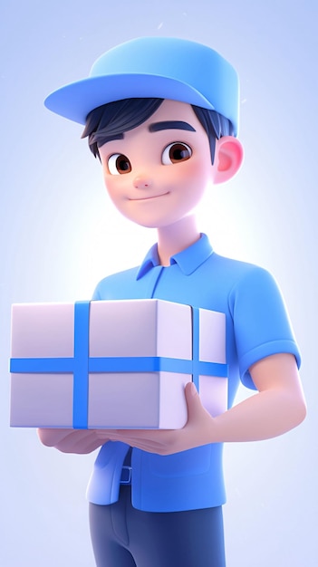 Ilustración conceptual 3D de un mensajero sosteniendo una caja de compras en línea para entrega a domicilio