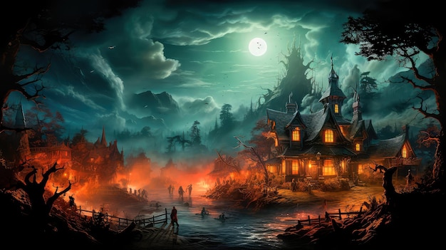 Ilustración conceptual de una casa aterradora abandonada con calabazas una luna llena murciélagos y niebla Calabazas en el cementerio en una noche espeluznante en un fondo de Halloween IA generativa