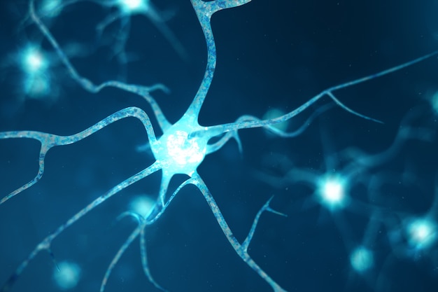 Ilustración conceptual de células neuronales con nudos de enlace brillante. Neuronas en el cerebro con efecto de foco. Las células Synapse y Neuron envían señales químicas eléctricas. Ilustración 3d