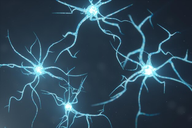 Ilustración conceptual de células neuronales con nudos de enlace brillantes. Sinapsis y células neuronales que envían señales químicas eléctricas. Neurona de neuronas interconectadas con pulsos eléctricos, ilustración 3D