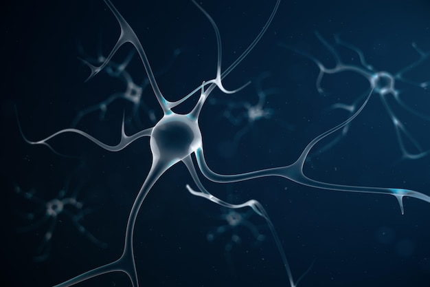 Ilustración conceptual de células neuronales con nudos de enlace. Sinapsis y células neuronales que envían señales químicas eléctricas. Neurona de neuronas interconectadas con pulsos eléctricos. Ilustración 3D