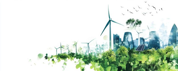 Ilustración conceptual de un ecosistema de energía verde sobre un fondo blanco que integra elementos como