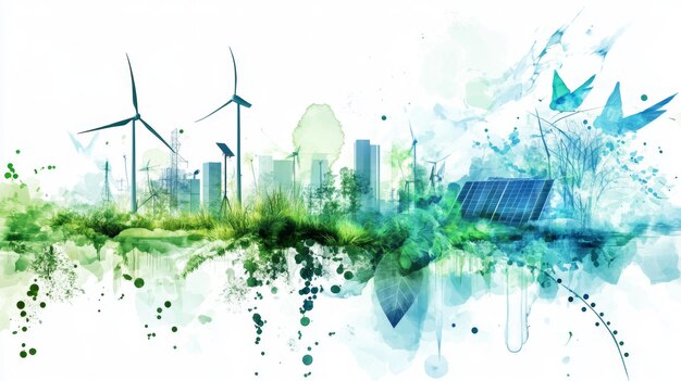 Ilustración conceptual de un ecosistema de energía verde sobre un fondo blanco que integra elementos como