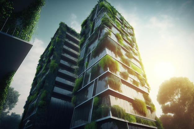 Ilustración conceptual de un edificio residencial con jardines verticales para mitigar el calor del verano que se genera