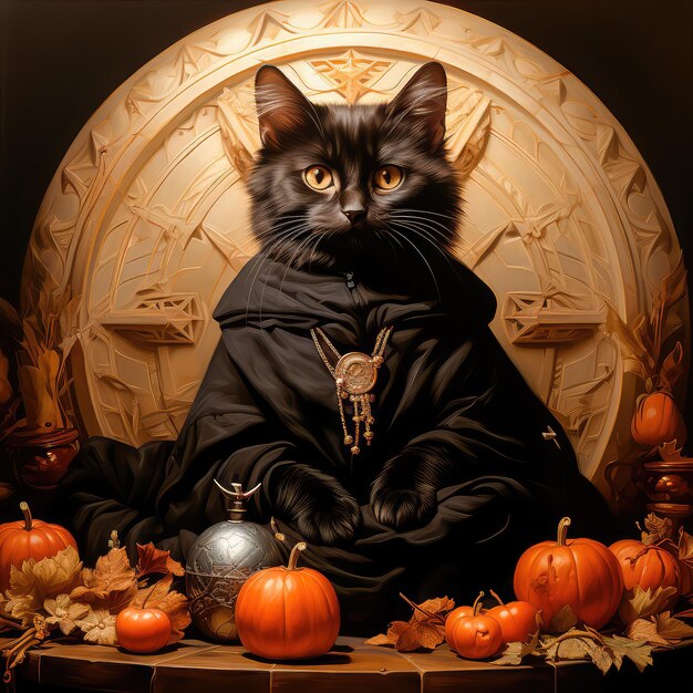 Ilustración conceptual de un gato negro en Halloween está sentado rodeado por una calabaza naranja y la linterna de Jack una pintura al óleo una mesa de madera en el fondo una cosecha de otoño IA generativa