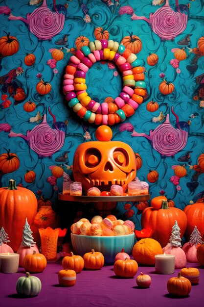 Ilustración conceptual de una ilustración brillante de dulces en un colorido fondo de estilo Halloween IA generativa