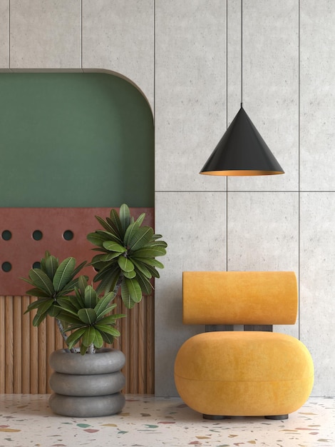 Ilustración conceptual del interior de la habitación en 3D al estilo de Memphis