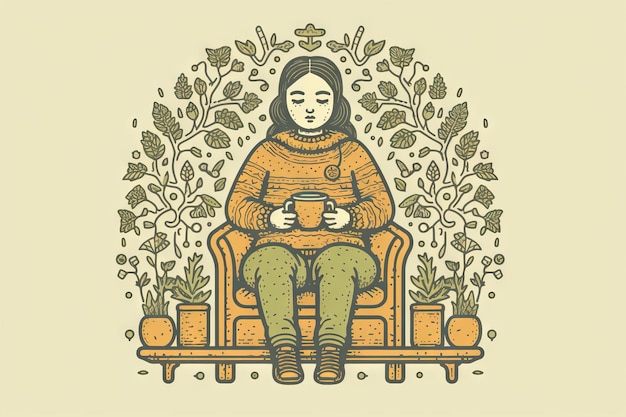 Ilustración conceptual de un personaje de dibujos animados femenino enfermo y infeliz sentado en un sofá en casa con una taza de bebida caliente tosendo y sintiéndose enfermo