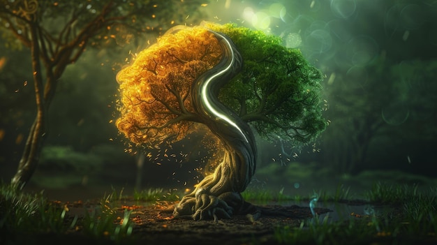 Una ilustración conceptual que mezcla el símbolo de equilibrio Ying Yang con el árbol de la vida Yggdrasil de la mitología nórdica Esta fusión única simboliza el tema universal del equilibrio AI Generative