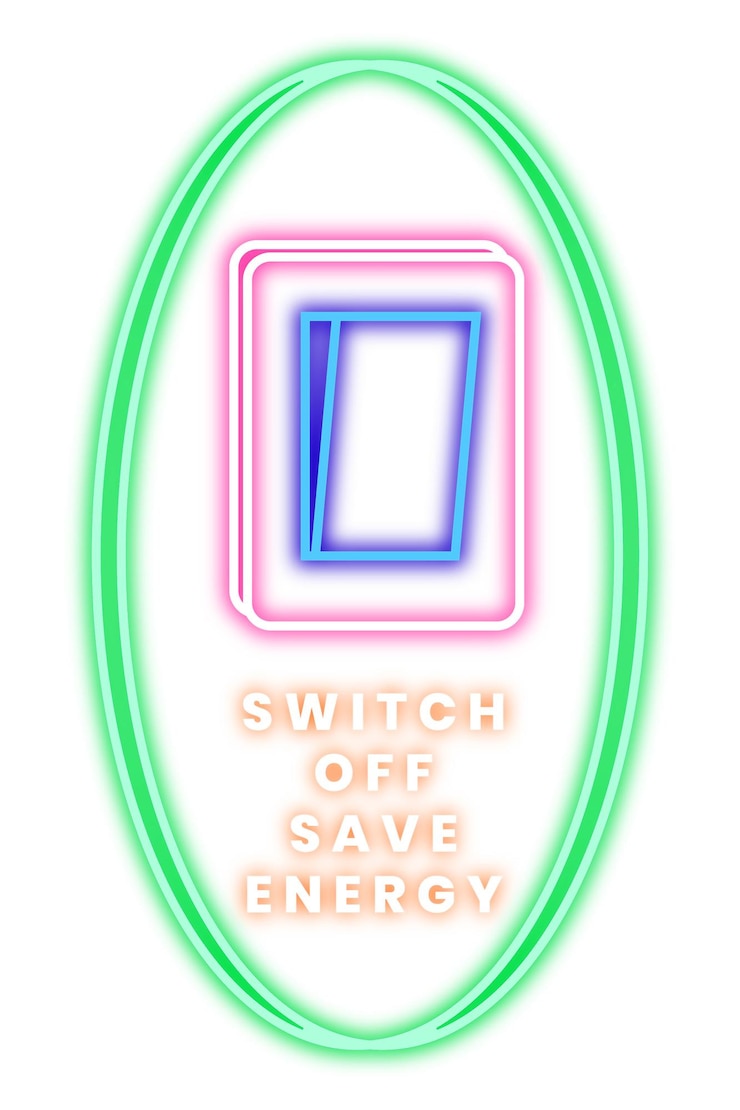 Foto ilustración de conciencia ambiental de letrero de neón png con texto de ahorro de energía con interruptor apagado