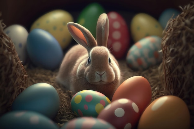 Ilustración del Conejito de Pascua con huevos Generación AI