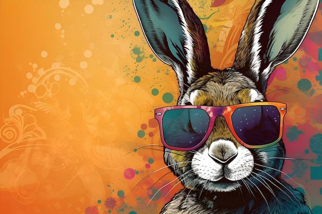 Ilustración de un conejo con gafas sobre un fondo naranja IA generativa