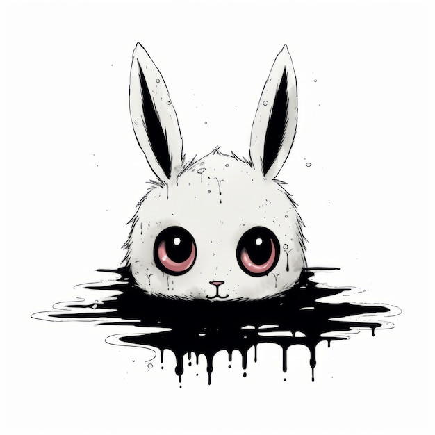 Ilustración conejo gótico lindo en agua goteante con ojos expresivos