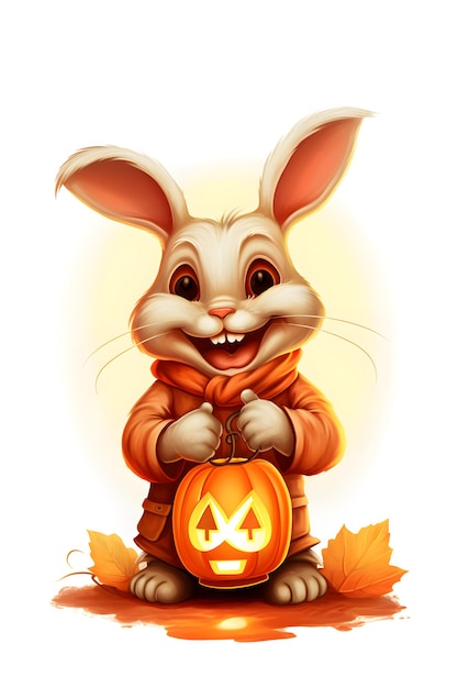 Ilustración de un conejo gracioso llevando una linterna de calabaza