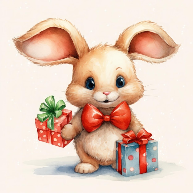 una ilustración de un conejo lindo con regalos de Navidad aislado una ilusteración de un conejito lindo