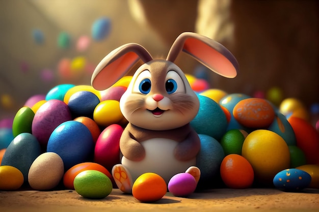 Ilustración de conejo de pascua con huevos coloridos en estilo de dibujos animados AI