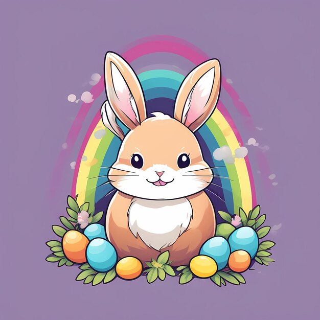 Foto ilustración del conejo de pascua con huevos de pascua y un arco iris detrás