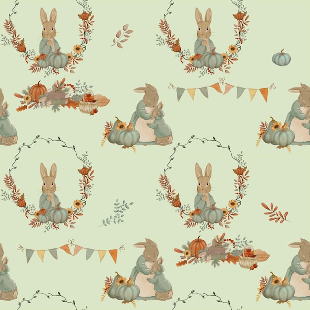 Ilustración de conejo, tarjeta de felicitación con conejo, tarjeta de otoño, día de acción de gracias, invitación