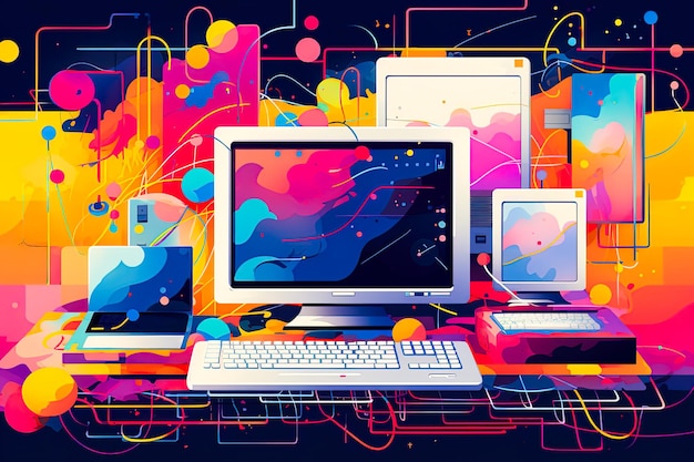 Ilustración de las conexiones de computadoras voluminosas de Internet de los años 90 y sitios web pixelados