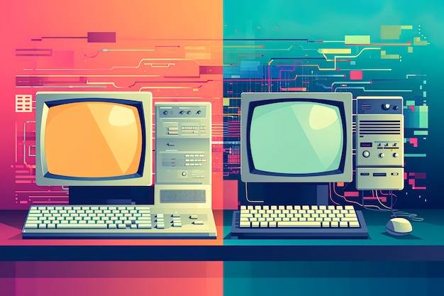 Ilustración de las conexiones de computadoras voluminosas de Internet de los años 90 y sitios web pixelados