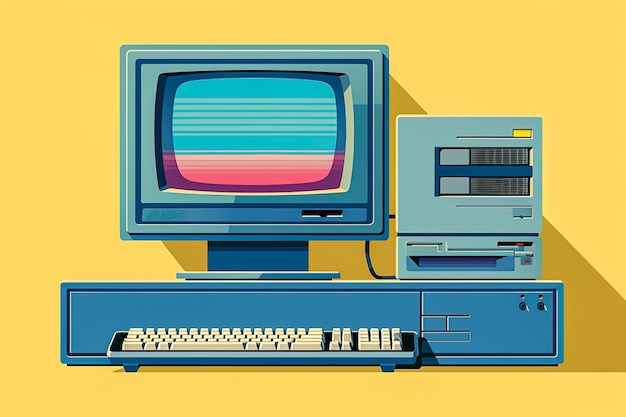 Ilustración de las conexiones de computadoras voluminosas de Internet de los años 90 y sitios web pixelados