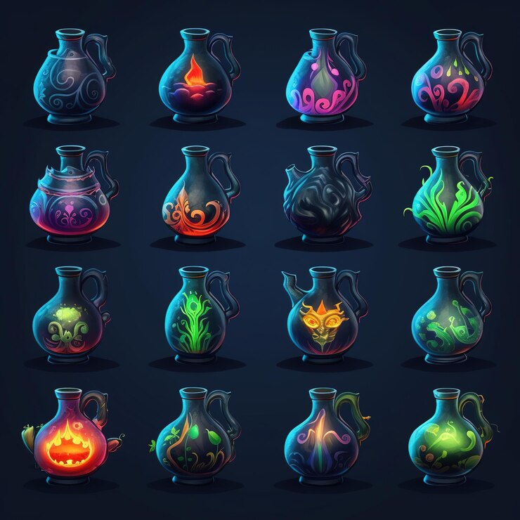Foto ilustración del conjunto de botellas de poción