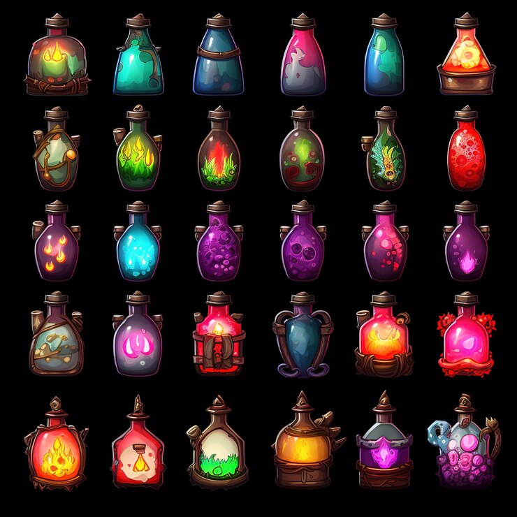Foto ilustración del conjunto de botellas de poción