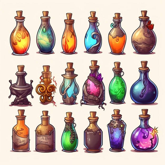 Ilustración del conjunto de botellas de poción