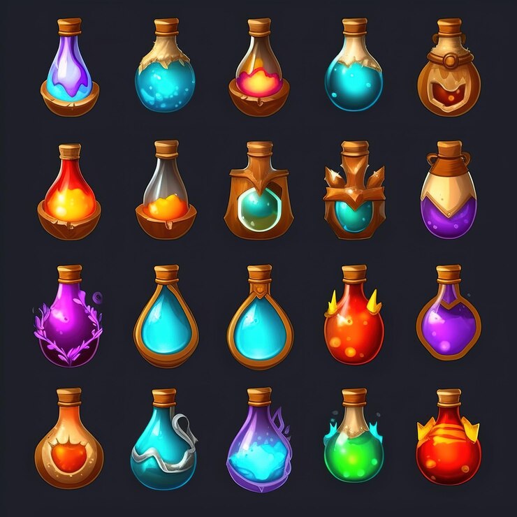 Foto ilustración del conjunto de botellas de poción