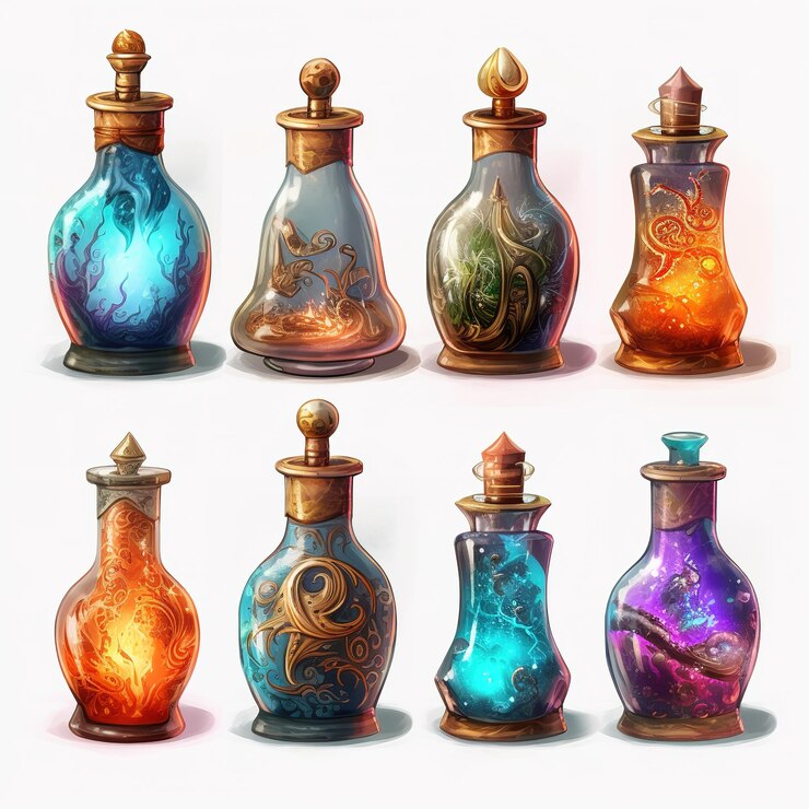 Foto ilustración del conjunto de botellas de poción
