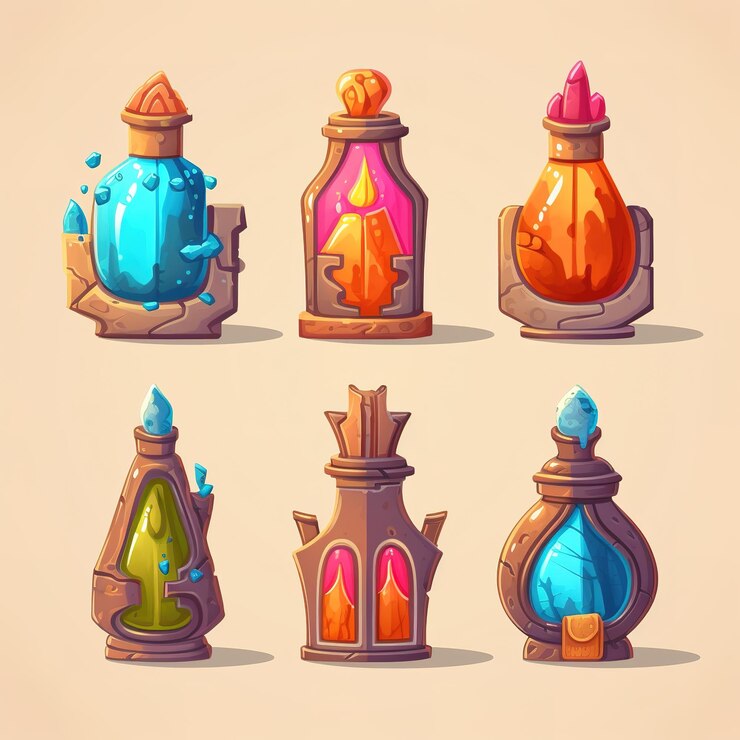 Foto ilustración del conjunto de botellas de poción