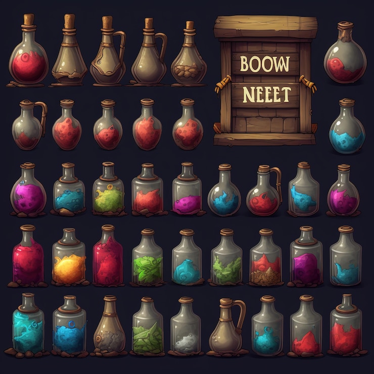 Foto ilustración del conjunto de botellas de poción