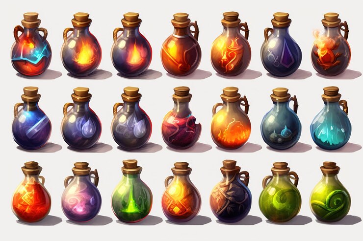 Foto ilustración del conjunto de botellas de poción