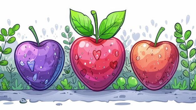 Ilustración de un conjunto de coloridas manzanas rojas y rosas