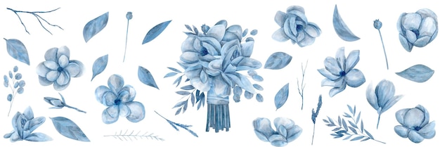 Ilustración de conjunto dibujado a mano acuarela con flores de magnolia azul