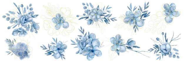 Foto ilustración de conjunto dibujado a mano acuarela con flores de magnolia azul