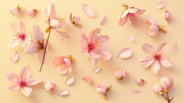 Ilustración de un conjunto de flores de cerezo aisladas en un fondo amarillo pálido Incluye flores, brotes de flores, pétalos y hojas