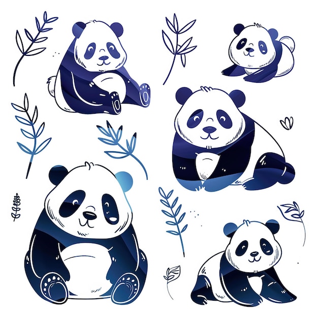 Ilustración del conjunto de líneas vectoriales planas del oso panda de alta calidad