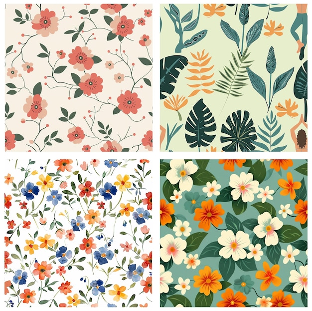 Ilustración de un conjunto de patrones florales coloridos