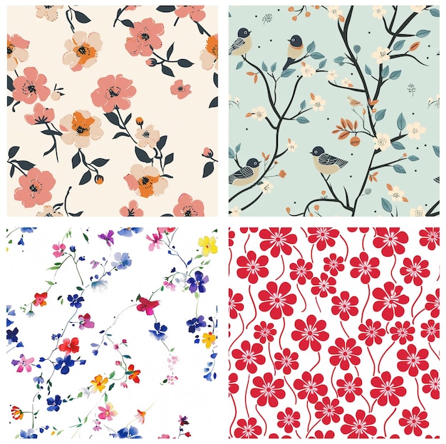 Ilustración de un conjunto de patrones florales coloridos